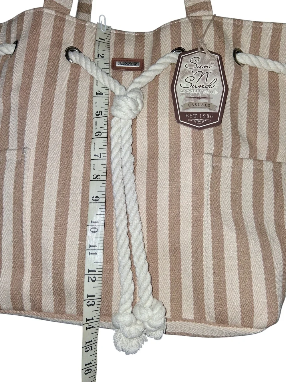 SUN and SAND Cream and Brown Stripe Tote Bag with Rope Closure Detail NWT